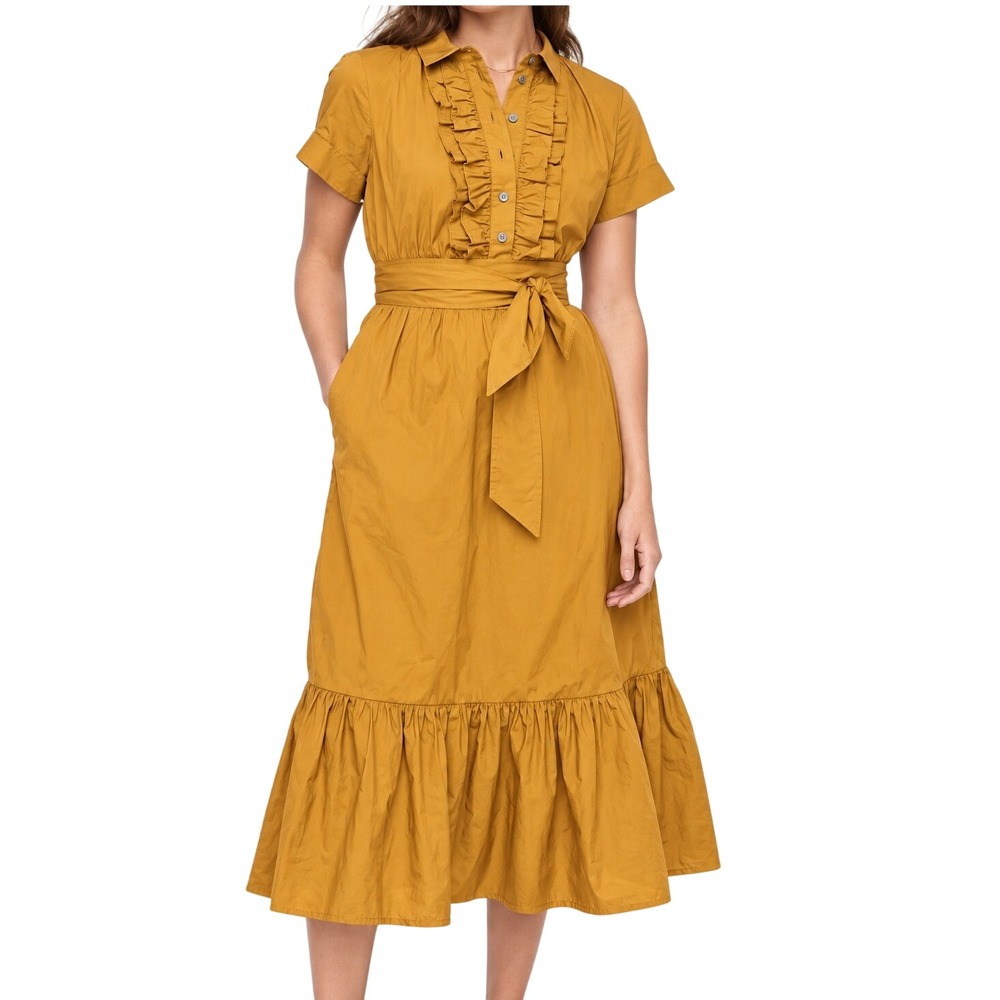 J Crew Petite Ruffle Front Midi Dress Cotton Poplin Mustard Yellow Tie Waist 6P